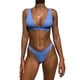 thumbnail image 1 of Traje de baño para mujer, cuello en V, color puro, cintura alta, espalda en T, correas regulables, 9 formas, botón trasero, trajes de baño divididos para playa, azul, S, 1 of 6