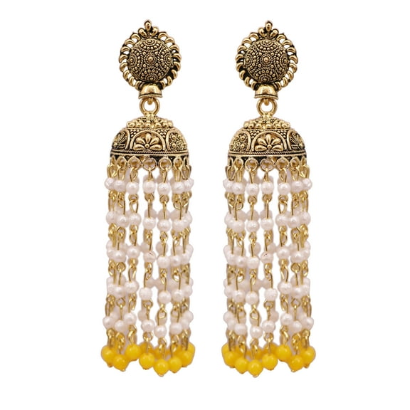 Crunchy Fashion Bollywood Jewellery Traditional Ethnic Bridal Bride Wedding Bridesmaid Punjabi Traditional Gold Finished Yellow Kundan Pearl Jhumki Style Earrings