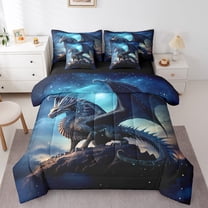 Magic Dragon Bed in a Bag 7pcs Magical Dinosaur Bedding Set Bed, 3D Pterosaur Twin Size Comforter Set Blue Galaxy Bedding Comforter Sets, Starry Sky Bed Set for All Seasons