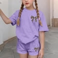 thumbnail image 5 of Girls Purple Leopard Print Bow 2 Piece Outfits Matching Set Short Sleeve T-Shirt and Shorts Casual Summer Clothes,Size 14-15T, 5 of 6
