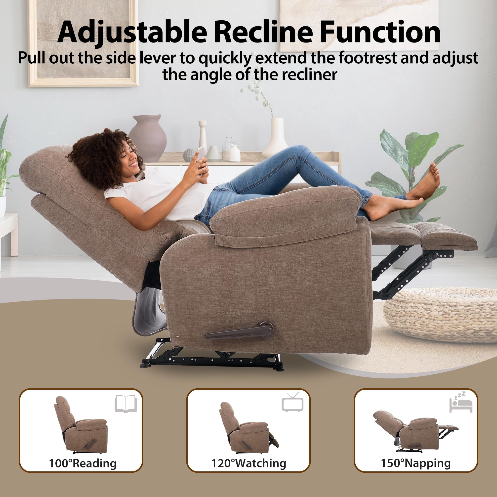 Brown Overstuffed Lounge Chair with Footrest Extra Large Recliner Chair with 22-Inch Wide Seat, Manual Reclining Lounge Chair with Footrest, Comfortable Living Room Accent Recliner