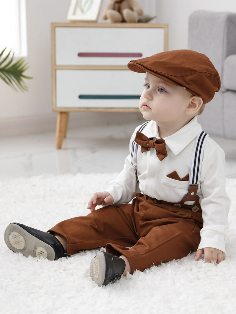 CARETOO Baby Boy Formal Suit, Cotton Fabric, Hat, Suspender Pants