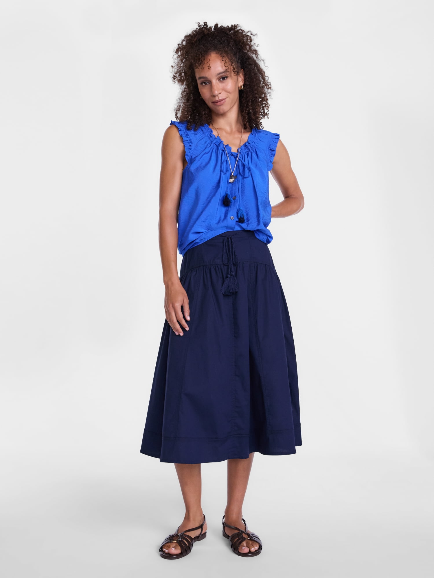 Scenario Women's and Women's Plus Ruffle Neck Tank Top with Tie Front, Sizes XS-4X