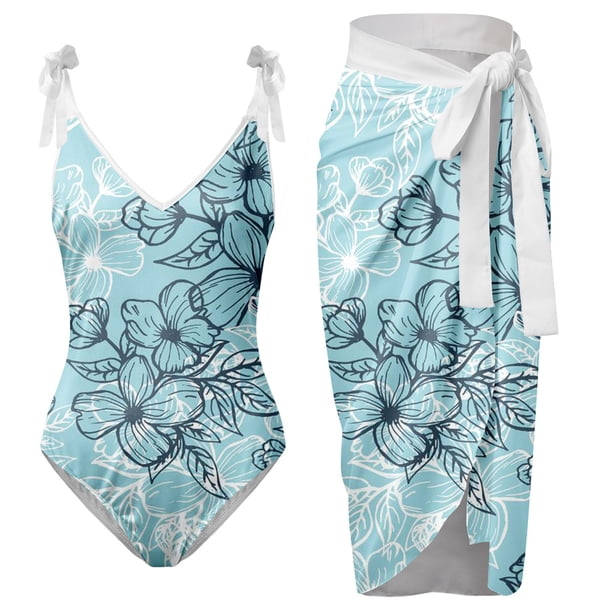 Gibobby Traje de baño de una pieza Traje de baño con estampado de flores y cuello en V para mujer Conjuntos de bikini con falda y delantal(Azul,CH)
