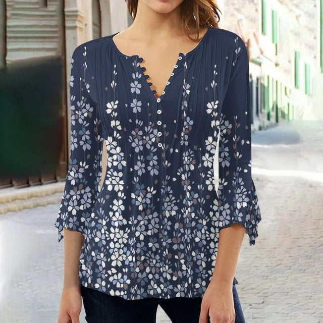 ICHUANYI Clearance Fashion Women's Summer V-Neck 3/4 Sleeve Print Casual T-shirt Blouse(Navy, XL) ICHUANYI WER2023081016773