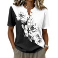thumbnail image 3 of Ink Wash Floral Henley Blouse for Women - Short Sleeve V-Neck Button Down Tunic, Loose Fit Boho Casual Summer Top White L, 3 of 9