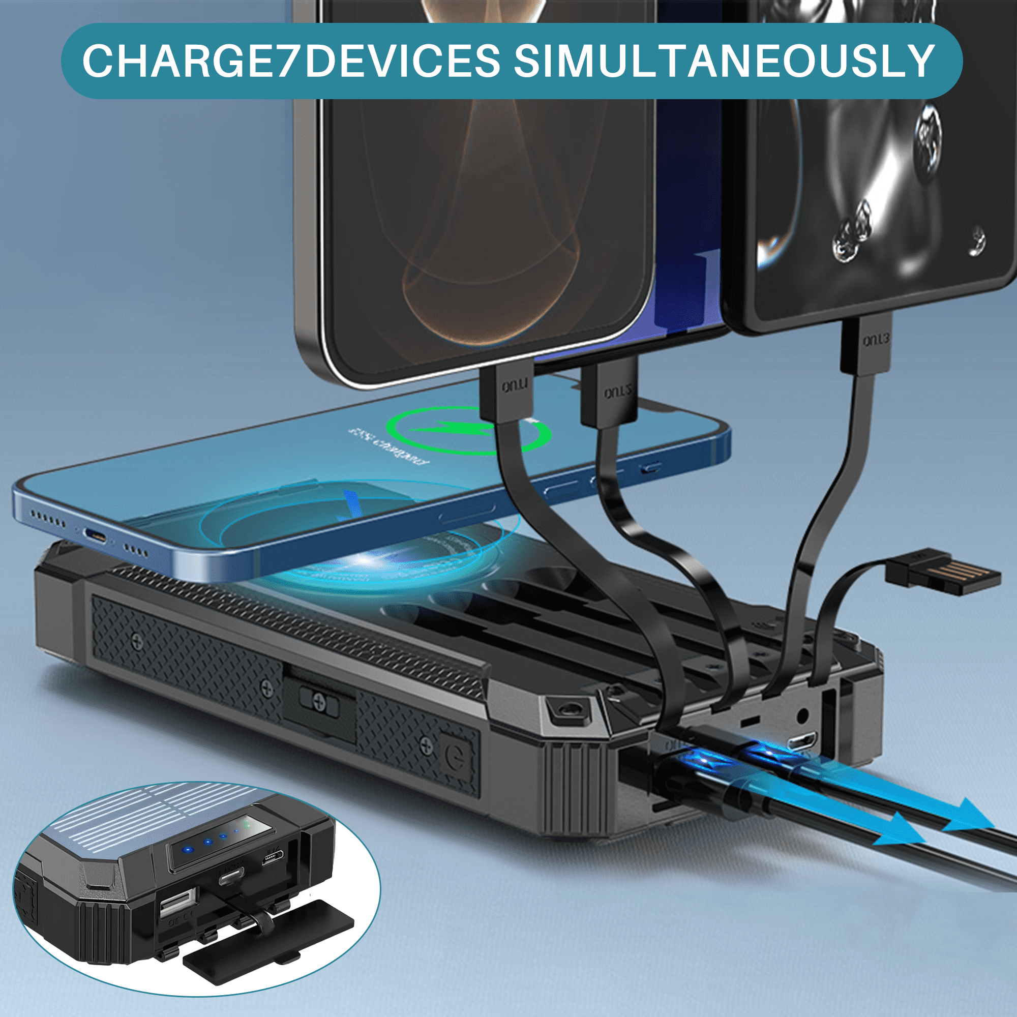 OWNTECH 30000mAh Solar Power Bank Portable Charger with 4 Cables & 3 USB Ports, Wireless Charger with LED Light, Compatible with iPhone, Android, for Camping, Hiking, Black