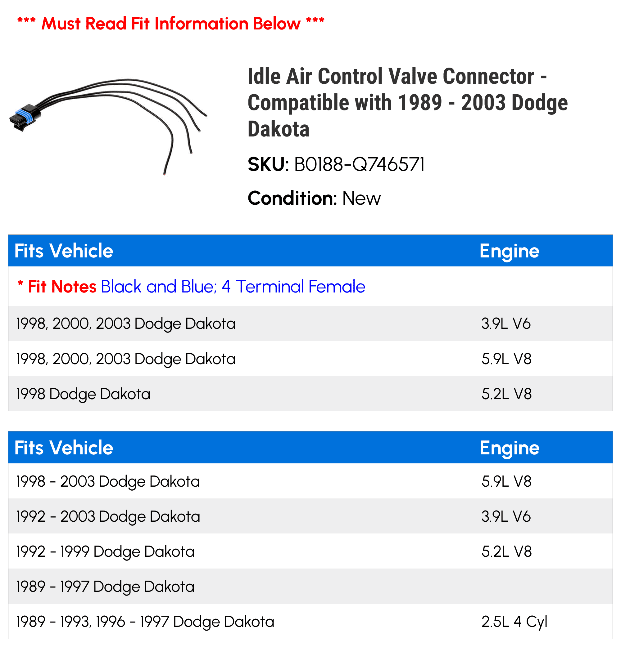 Idle Air Control Valve Connector - Compatible with 1989 - 2003 Dodge Dakota 1990 1991 1992 1993 1994 1995 1996 1997 1998 1999 2000 2001 2002
