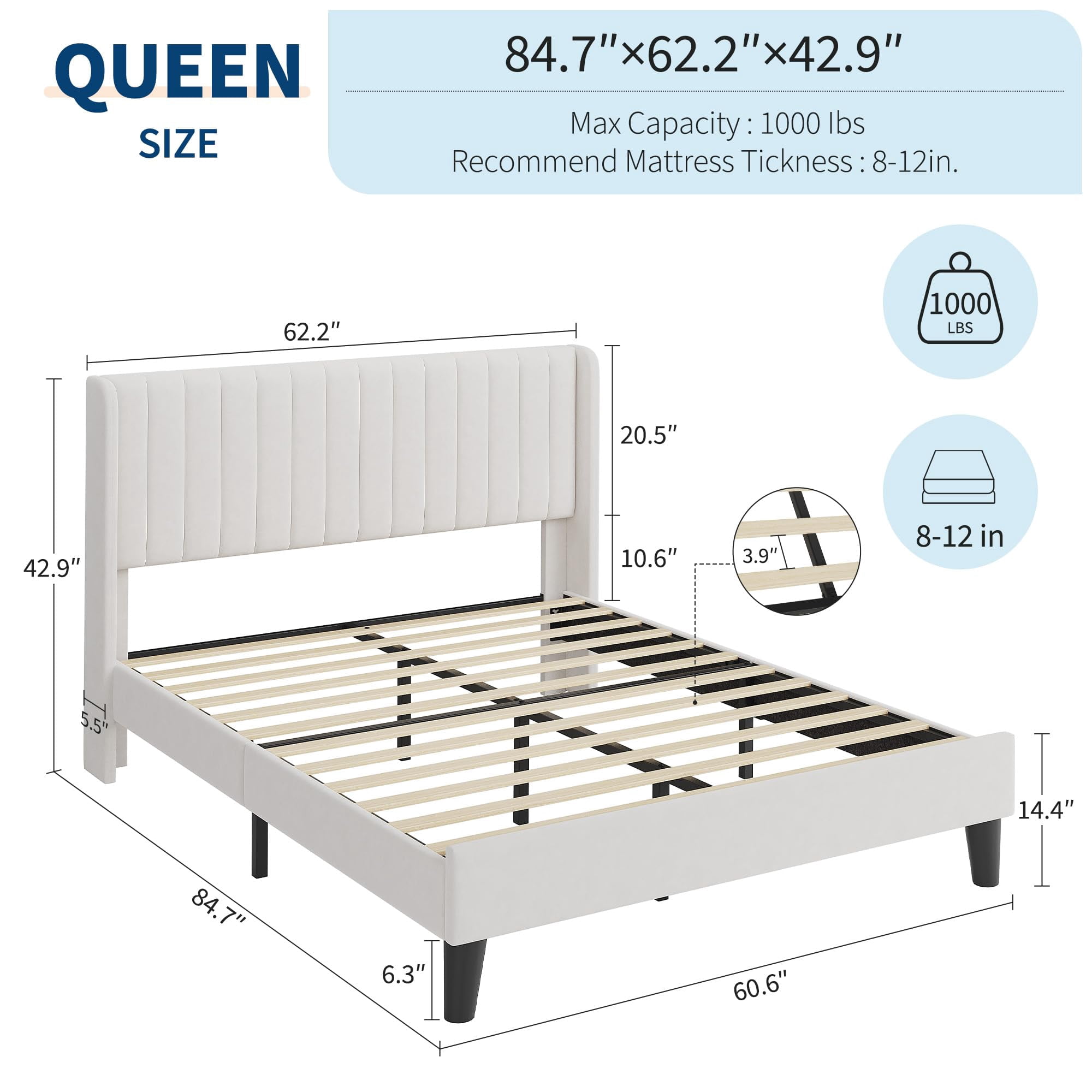 Huisuilinss Queen Bed Frame With Vertical Channel Tufted Wingback Headboard,Full Size Bed Frame,Velvet Upholstered Platform Bed With Wood Slats,No Box Spring Needed,Easy Assembly