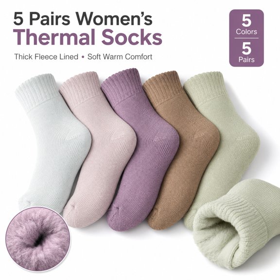 Women’s Thermal Socks 5 Pairs, Thick Fleece Lined Warm Winter Crew Socks, Cozy Plush Brushed Boot Socks for Cold Weather, One Size