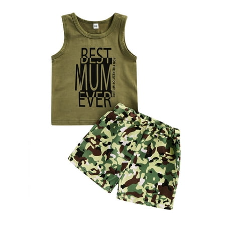 

Sunisery Toddler Kids Boys 2Pcs Outfits Letter Print Round Neck Sleeveless Tank Tops + Camouflage Shorts Sets Green 18-24 Months