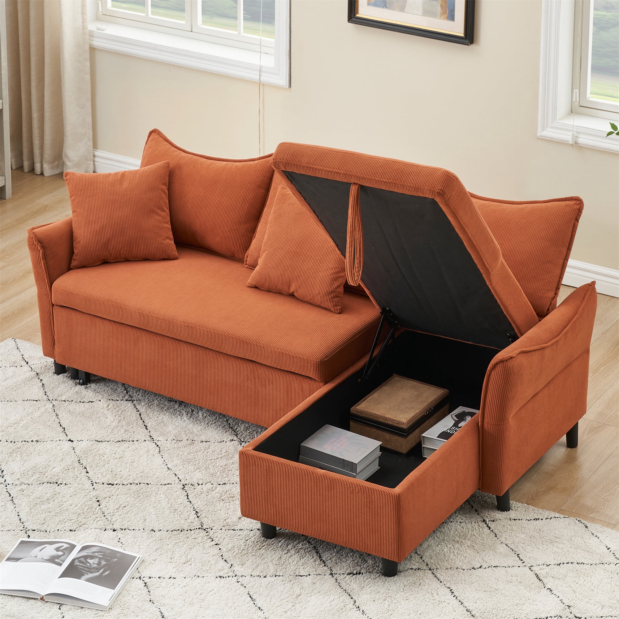 Aukfa 80" Sofa Bed Couch Pull Out Sofa Bed with Storage Chaise, 2 Pillows, Corduroy, Orange