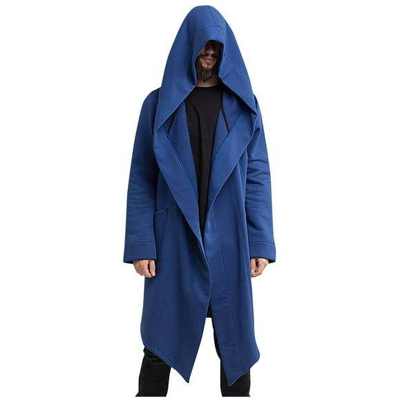 HWRETIE Cardigan for Men Jacket Dark Style Long Cardigan Cloak Coat Hooded Sweater Womens Tops Blue