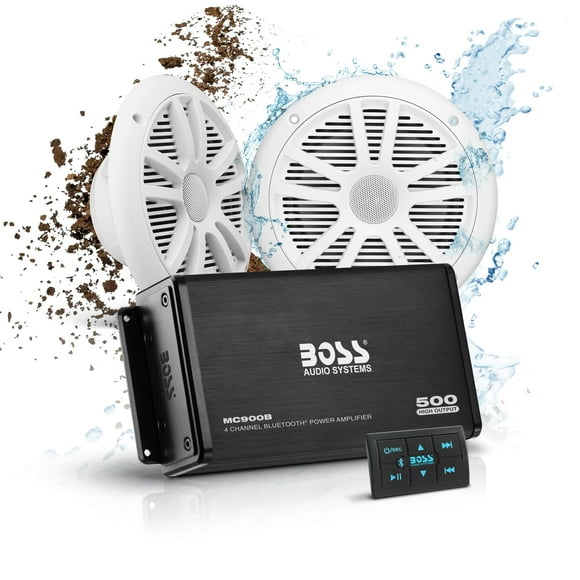 Boss Audio Marine Amplificador de 4 canales, 500 W / bocina de 16.51 cm, sistema Bluetooth de bocinas, Bluetooth remoto, USB auxiliar, interfaz de montaje, bolsa impermeable, Paquete de sistema de Amp