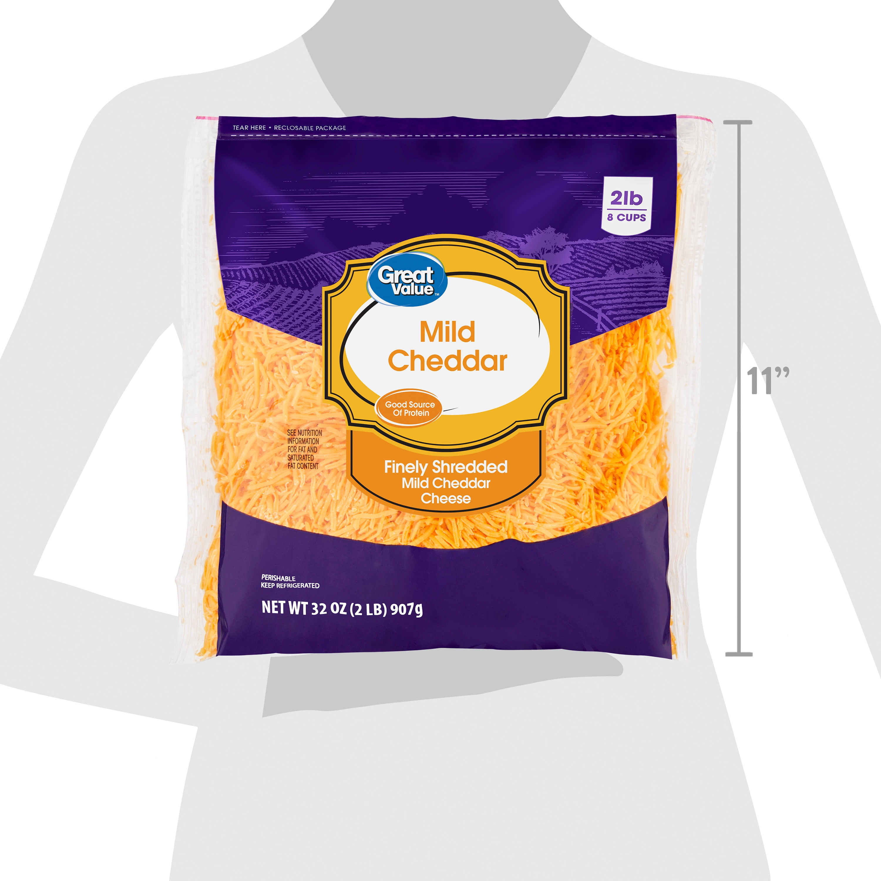 Great Value Mild Cheddar Finely Shredded Cheese, 32 oz Bag