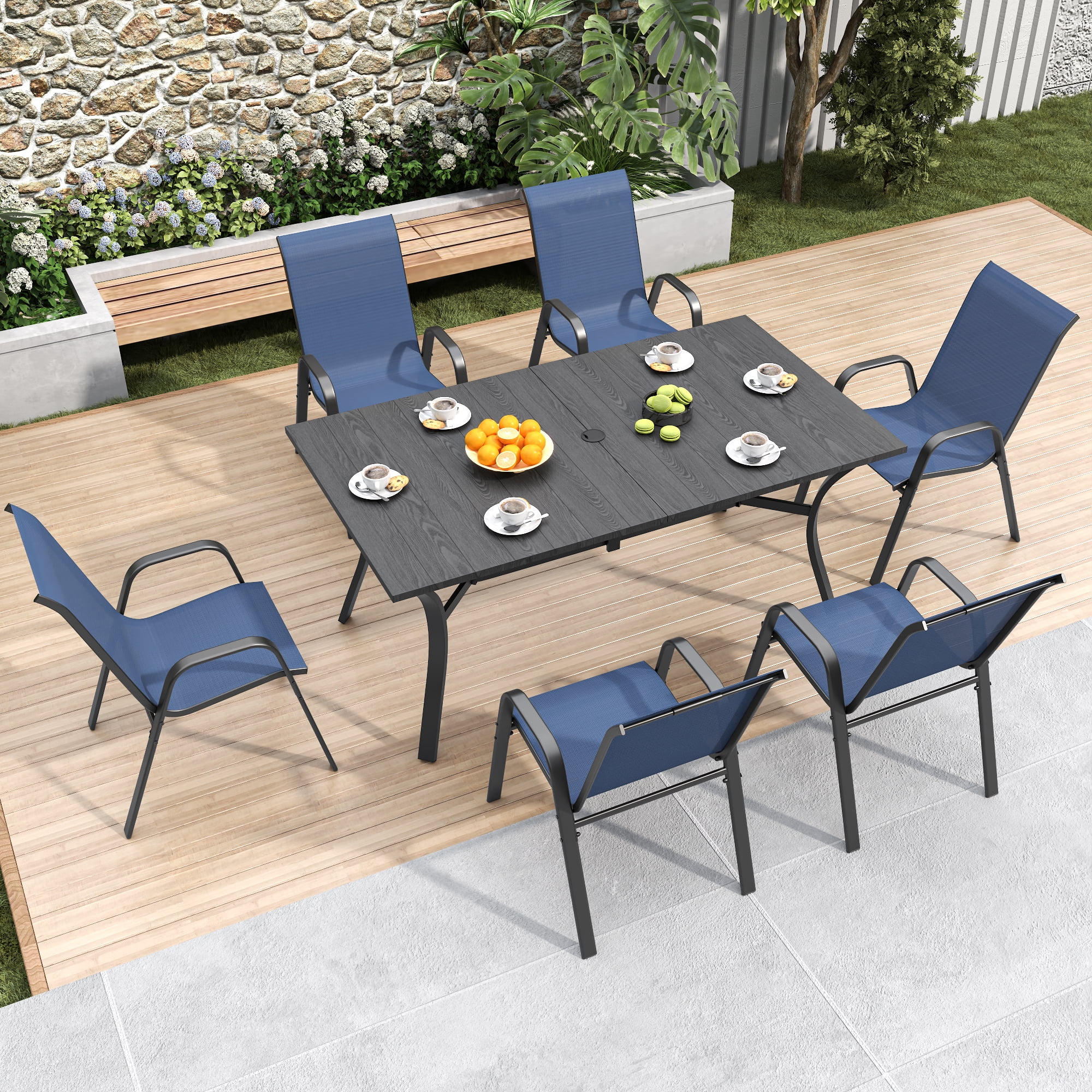 6-Piece Outdoor Dining Chair Set with Wide Ergonomic Seat, 350 lb Capacity per Chair Heavy Duty Metal Frame, Waterproof Teslin Fabric for Patio Garden Backyard, Black+Navy Blue