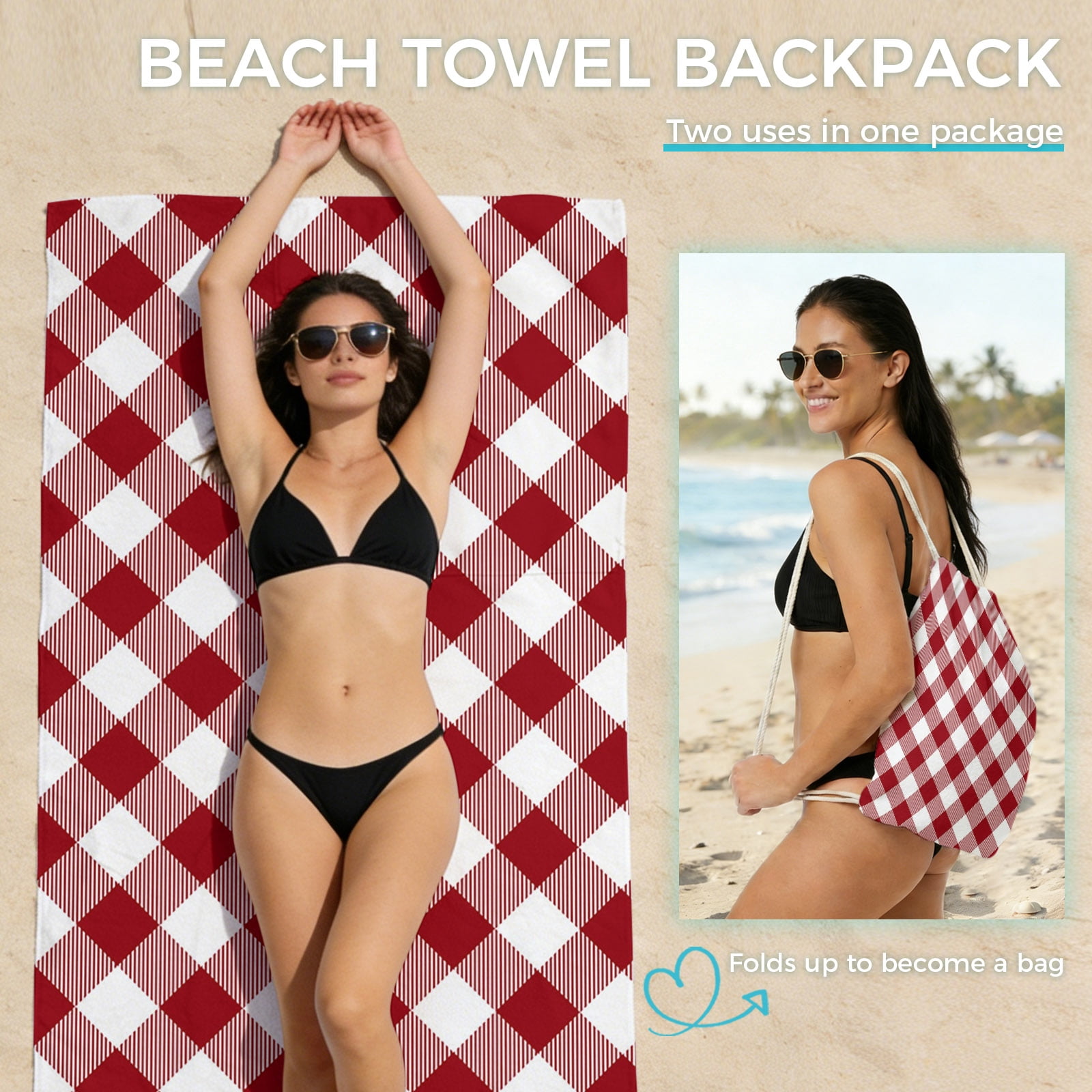 Beach Towel Bag 2 in 1 Dark Red Buffalo Check Plaid Bath Pool Towels Backpack Farmhouse Style Absorbent Beach Towel Soft Quick Dry Lightweight Towels Drawstring Bag for Travel Camping Sports Picnic