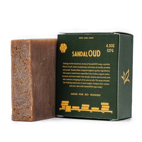 Jabón Iron Lion - SandalOUD (sándalo y Oud) - Hecho en EE.UU. - Jabones de baño naturales para todo tipo de piel - Proceso en frío a base de plantas y hecho a mano