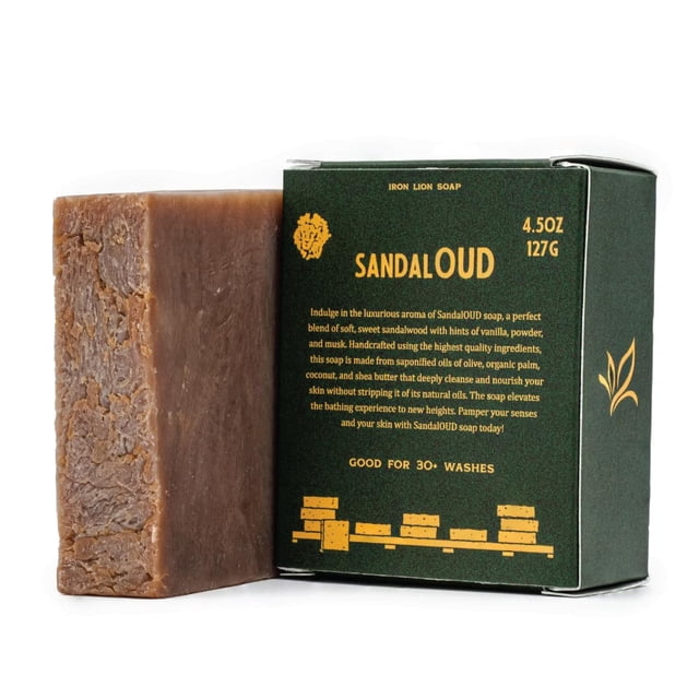 Jabón Iron Lion - SandalOUD (sándalo y Oud) - Hecho en EE.UU. - Jabones de baño naturales para todo tipo de piel - Proceso en frío a base de plantas y hecho a mano