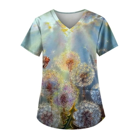 

QAZXD Womens 2023 Summer Scrub Tops V-Neck Graphic Prints Short Sleeve Pullover with Pockets Blue L