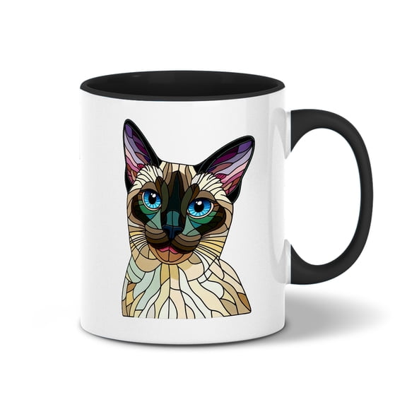 Patriotic Siamese Stained Glass Portrait American Flag 11oz Accent Two-tone Mug Cat Lover Kitten Owner Gifts Coffee Tea Cup - 01010