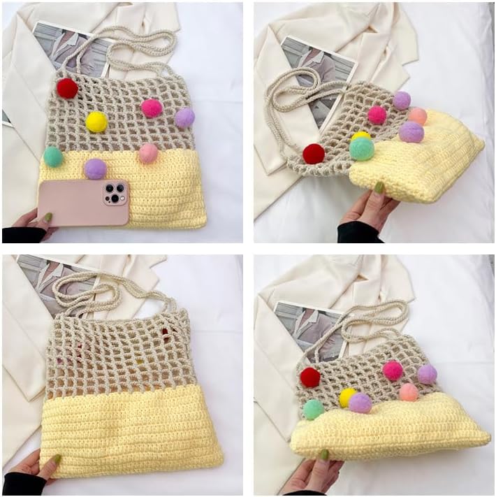 JennyShop Crochet Openwork Tote Bag for Women, Hot Sale Knitted Shoulder Bag Patchwork Color Clashing Handbag