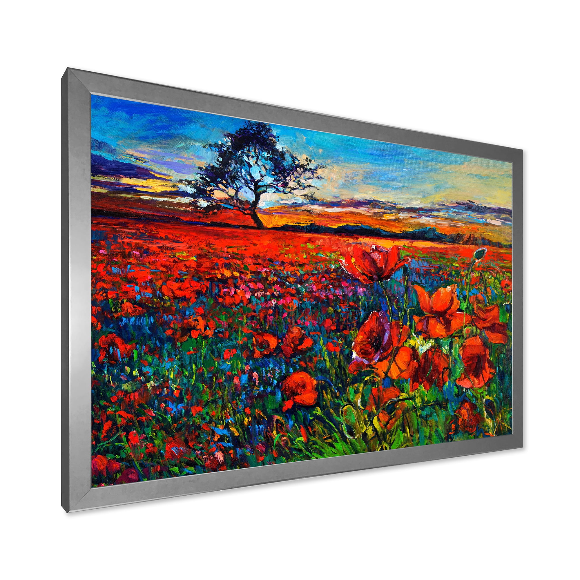 Designart 'Blossoming Red Poppy Fields With Distant Tree' Traditional Framed Art Print