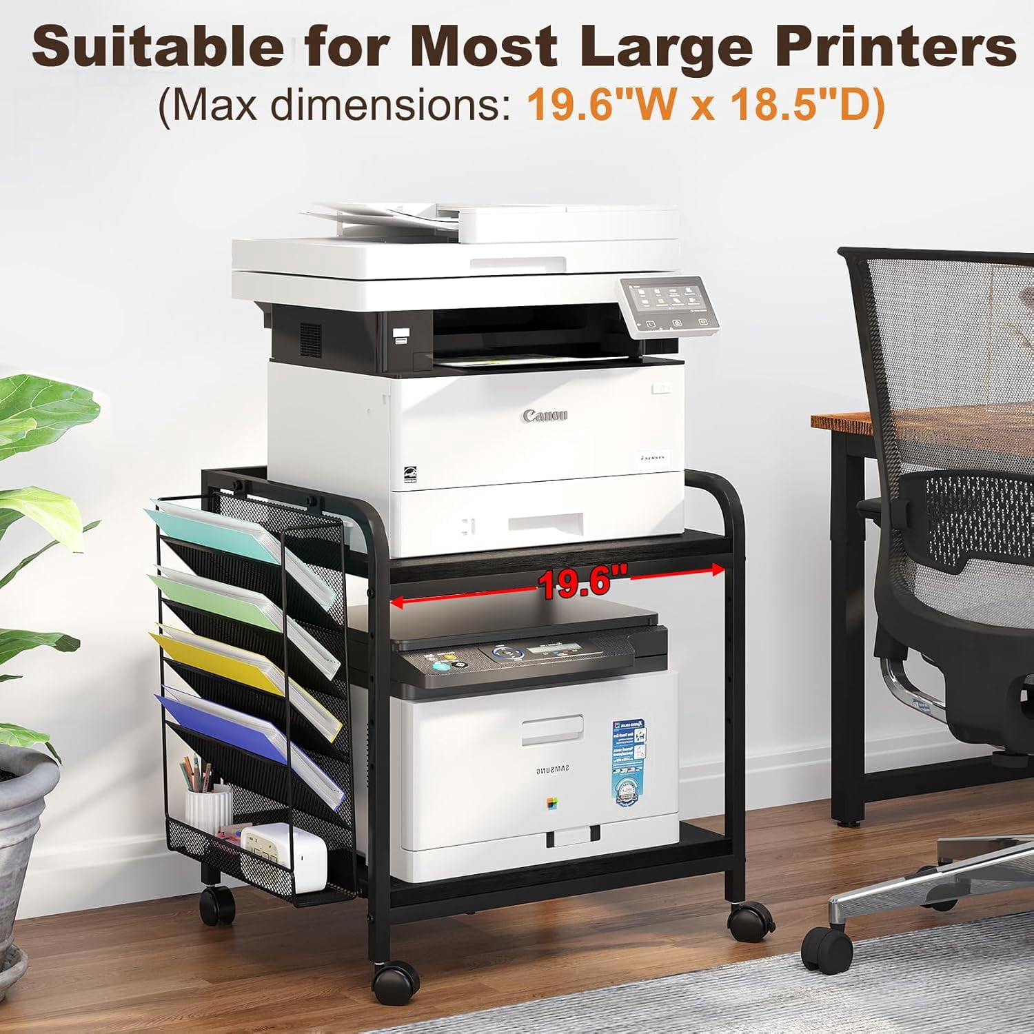 POAO Large Printer Stand with File Holder Organizer, Adjustable Height Shelf with Wheels, Rolling Printer Cart with Storage for Home Office,Black