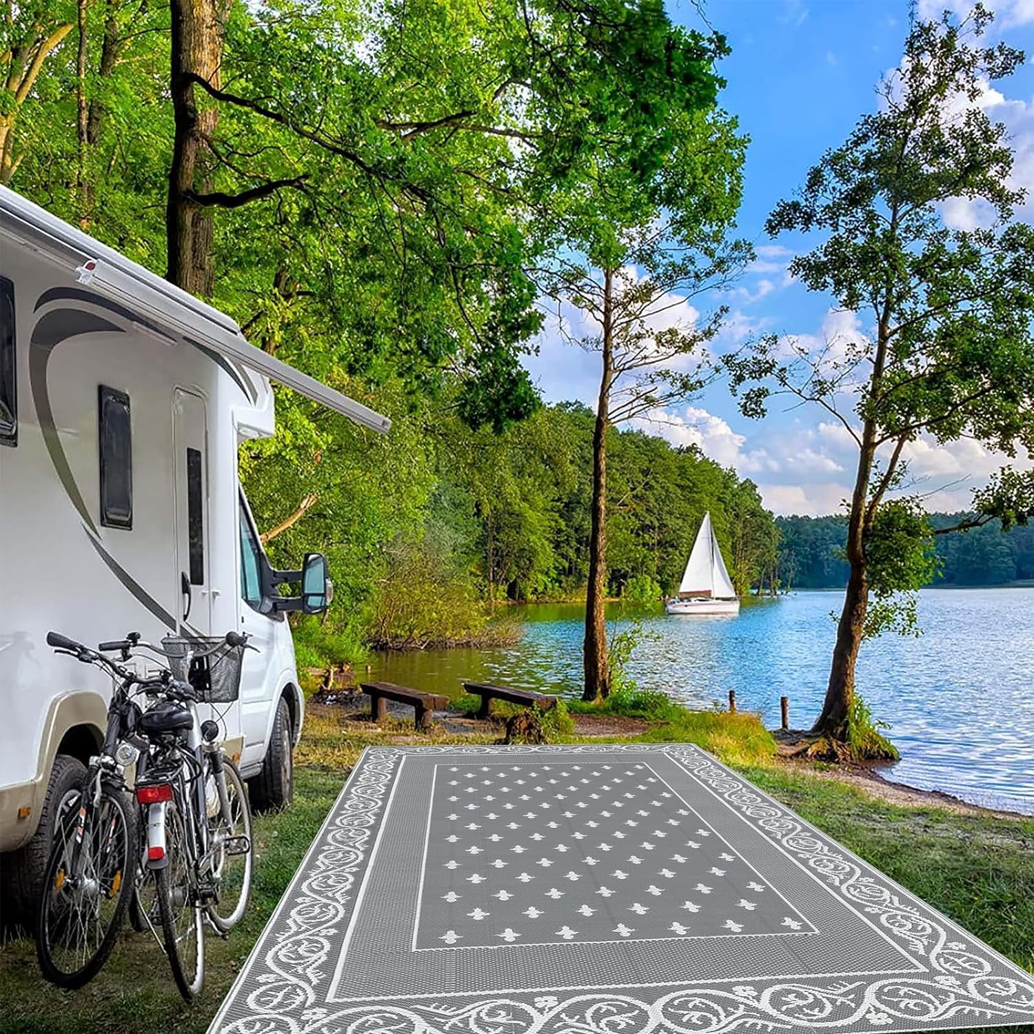 Findosom 9'x12' Gray Large Outdoor Rug Outdoor Mat RV Outdoor Rug Reversible Plastic Straw Rug Patio Rug Waterproof Foldable Portable Camping Rug for RV, Patio, Backyard, Deck, Picnic, Beach, Trailer