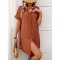 thumbnail image 3 of Shirt Dress Cotton Linen Short Sleeve Striped A Line Mid Length Casual Work Dress S-XL, 3 of 8
