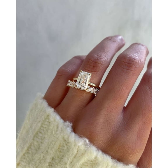 vylahjewellery Emerald Moissanite Engagement Ring 10K Yellow Gold Bridal Ring Set Art Deco Wedding Ring Set Marquise Cut Diamond Half Eternity Band