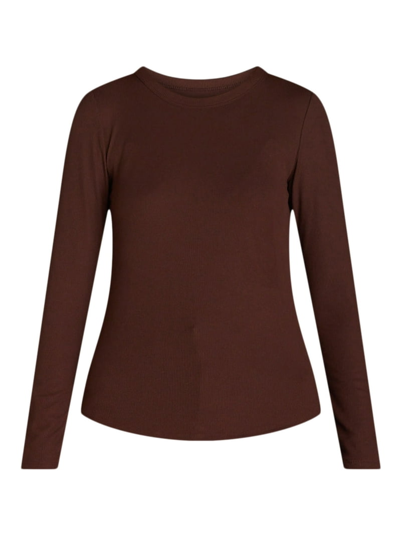 No Boundaries Ribbed Crewneck Tee for Women with Long Sleeves