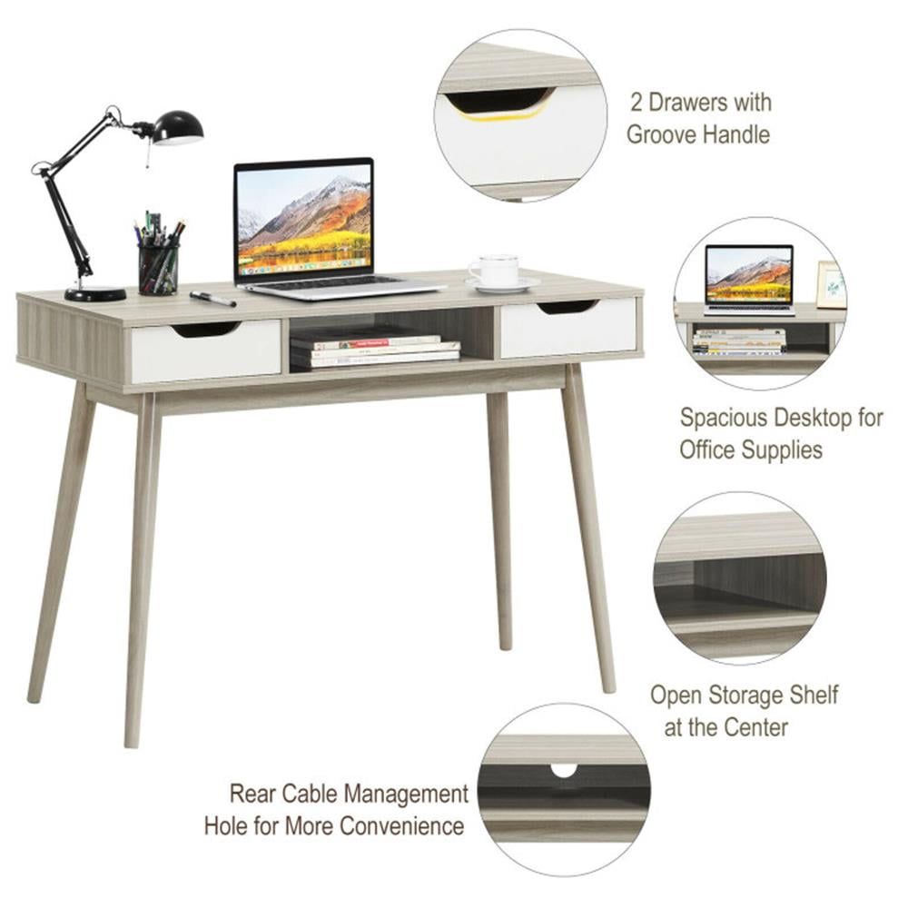 Demi Bonn Stylish Computer Desk Workstation with 2 Drawers and Solid Wood Legs, Small Home Office Desk Study Writing Table, Gray