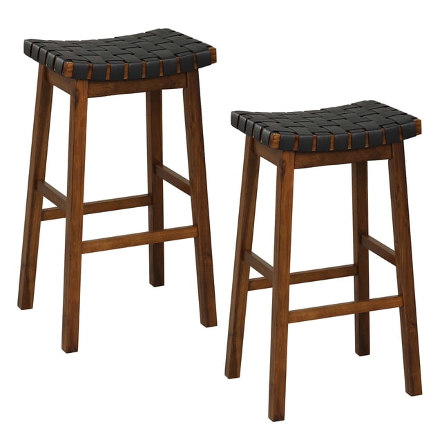 Costway Woven Saddle Stools Set of 2 31" Faux PU Leather Bar Height Kitchen Stool