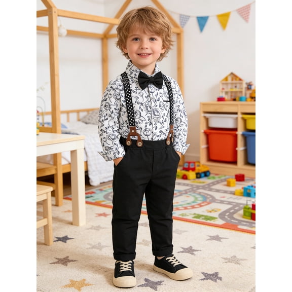 CARETOO Toddler Boys Suit Boys Formal Outfit Set Dress Shirt Bowtie Suspender Pants 1-5T Baby Boy Church Christening Wedding Easter Clothes 3T