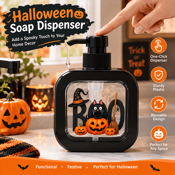 Halloween Soap Dispenser, Pumpkin Cat Refillable Pump Bottle, Simple Modern Spooky Decor for Bathroom & Kitchen, Halloween Hand Soap Holder for Cat Lovers (Black)