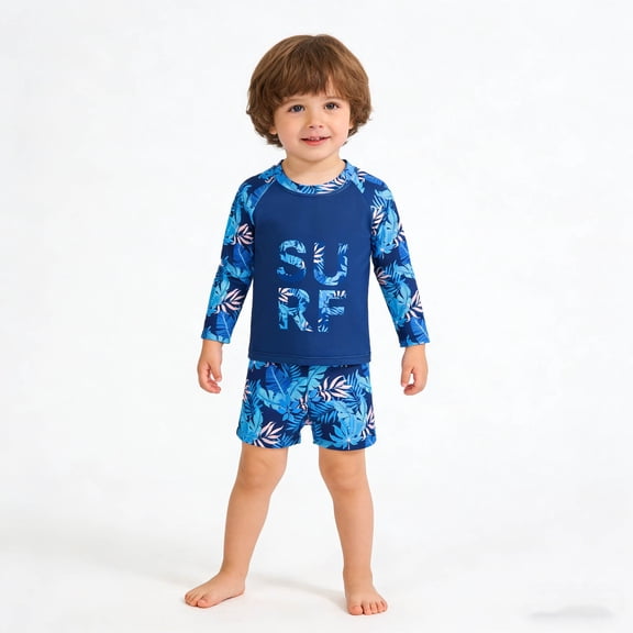 Toddler Swimsuit Boy Boys Maple Leaf Print Long Sleeve Two Piece Boys Bathing Suit Multicolour 9-12 Months