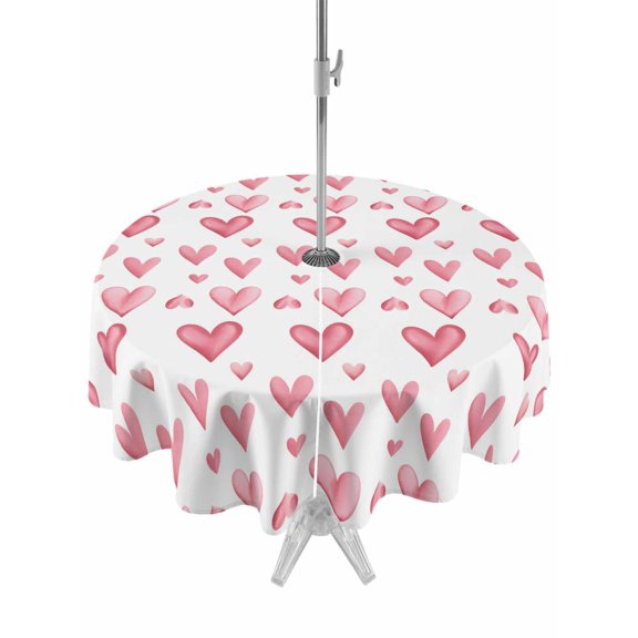 Outdoor Tablecloth with Umbrella Hole and Zipper, Valentine's Day Round Table Cloth 60 Inch Waterproof Tablecloth, Pink Roman Love Heart Watercolor Picnic Table Cover for Patio Camping