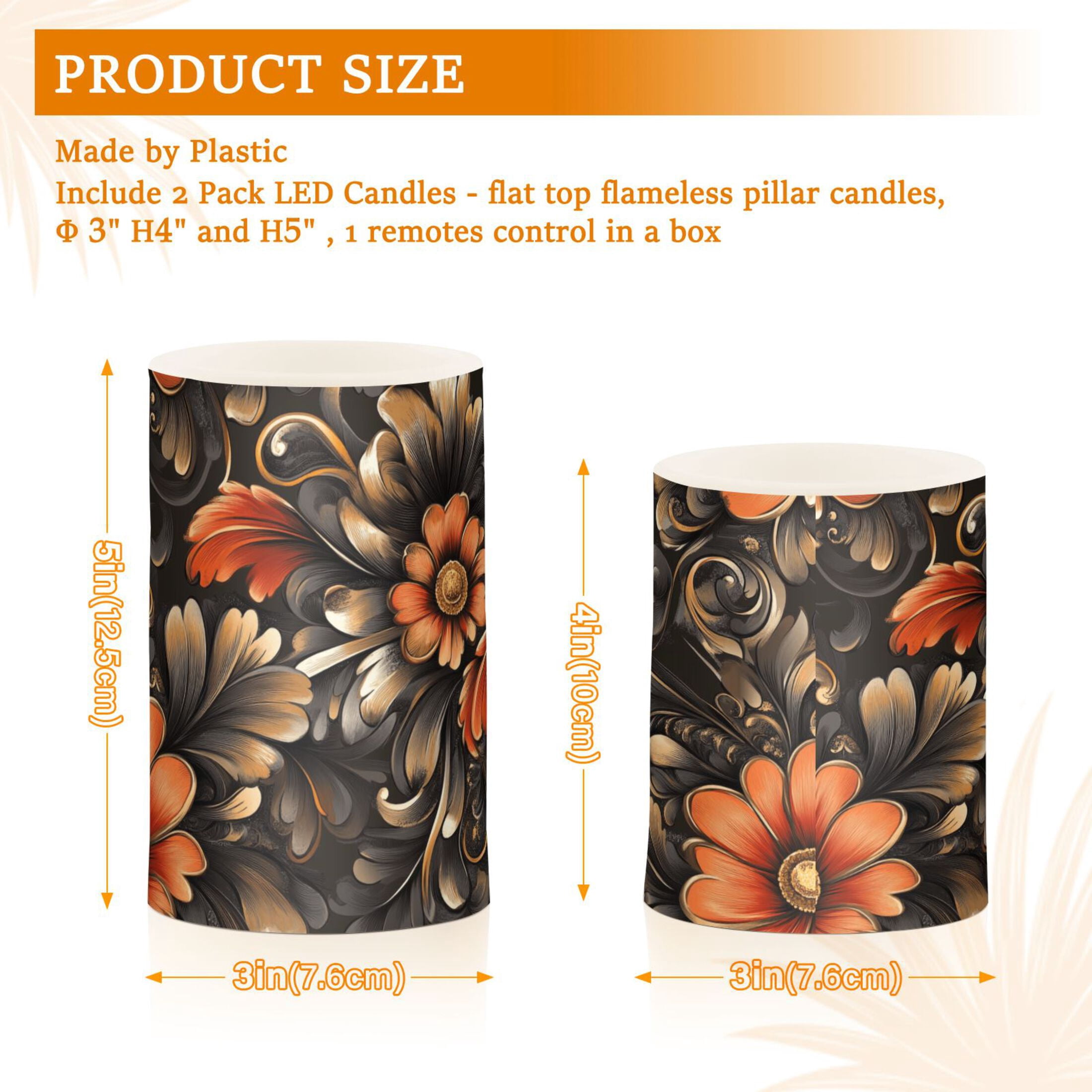 Flickering Flameless LED Candles set of 2 Battery Operated 18-Key Remotes Timer Halloween Fall Decor Red Flowers and Swirls Leaves D3''xH4''5''