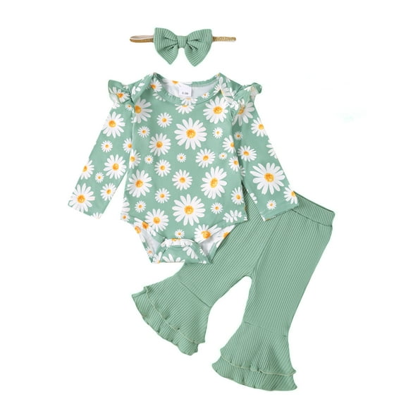 Newborn Baby Girls Clothes 3 Months Girls 3PCS Fall Winter Outfits Set Daisy Print Newborn Girls Long Sleeve Top Pants Set with Headband Green