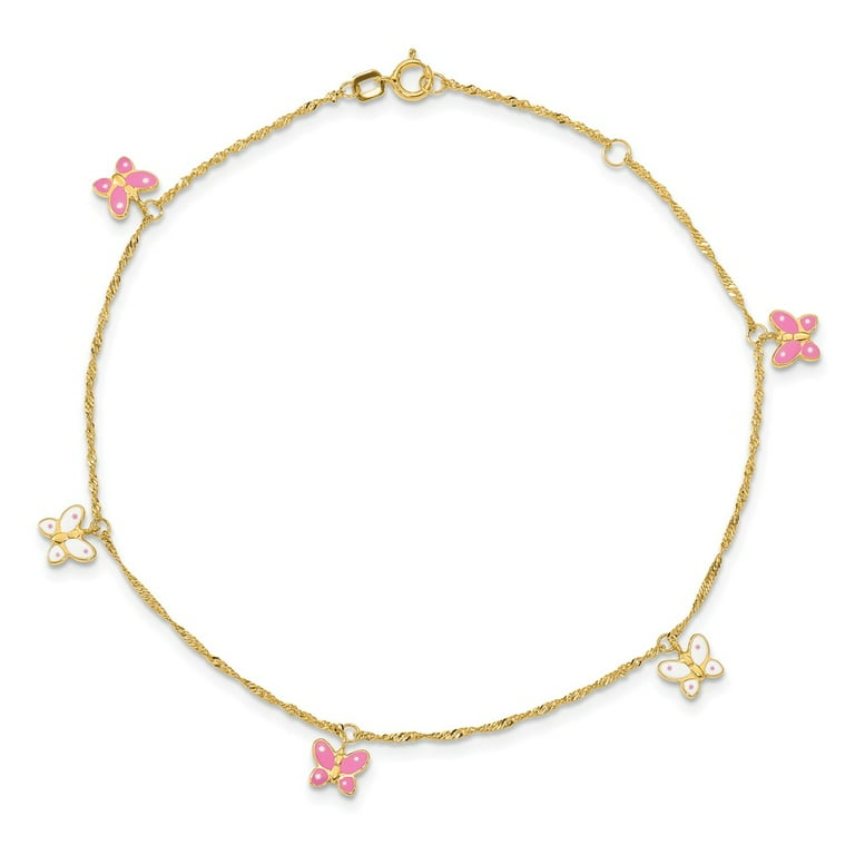 Real 14kt Yellow Gold Adjustable Enameled Butterfly Anklet 10