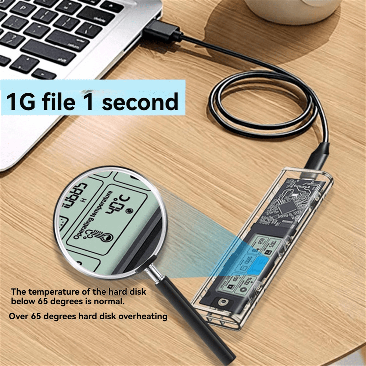 M.2 NVME/NGFF Dual Protocol SSD Enclosure Transparent Hard Drive Case USB3.2 with Intelligent Display SATA SSD Adapter