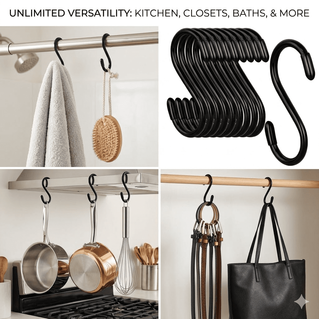 Multipurpose S-Hooks with Protective Rubber Grip, Non-Slip S-Shaped Storage Hooks for Closet Organization, Hanging Rack for Belts, Bags, Plants and Tools, Heavy Duty & Easy Installation