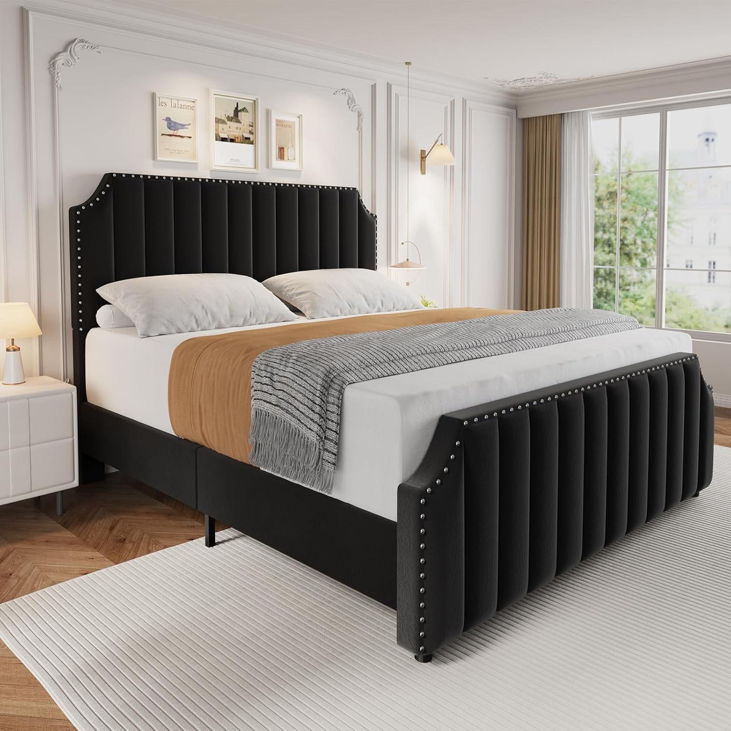 GarveeHome Queen Velvet Bed Frame, Upholstered Platform with 50.2" Tall Headboard & Footboard, Nailhead Trim, Solid Wooden Slats, No Box Spring Needed, Black