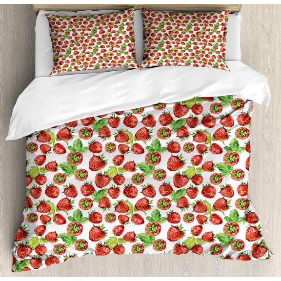 Fruit Duvet Cover Set, Vibrant Strawberry Watercolor Yummy Fruits Art, Decorative 3 Piece Bedding Set with 2 Pillow Shams, King Size, Lime Green Red, by Ambesonne