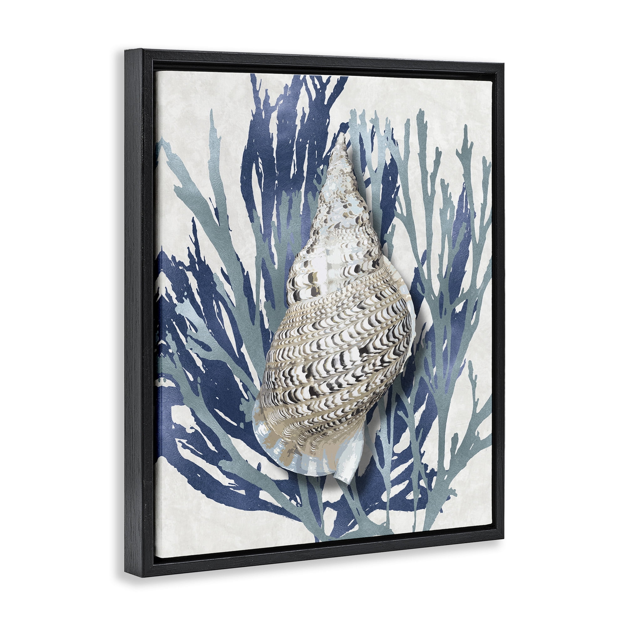Stupell Industries Shell Coral Blue Beach Design Nature Painting Black Floater Framed Canvas Art Print Wall Art, 17 x 21