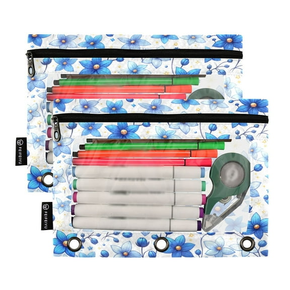 Ckdifva Cute Blue Flowers Pencil Pouch 3 Ring Zipper Pencil Case Binder Pockets Clear Top Cosmetic Bag 2 Pack