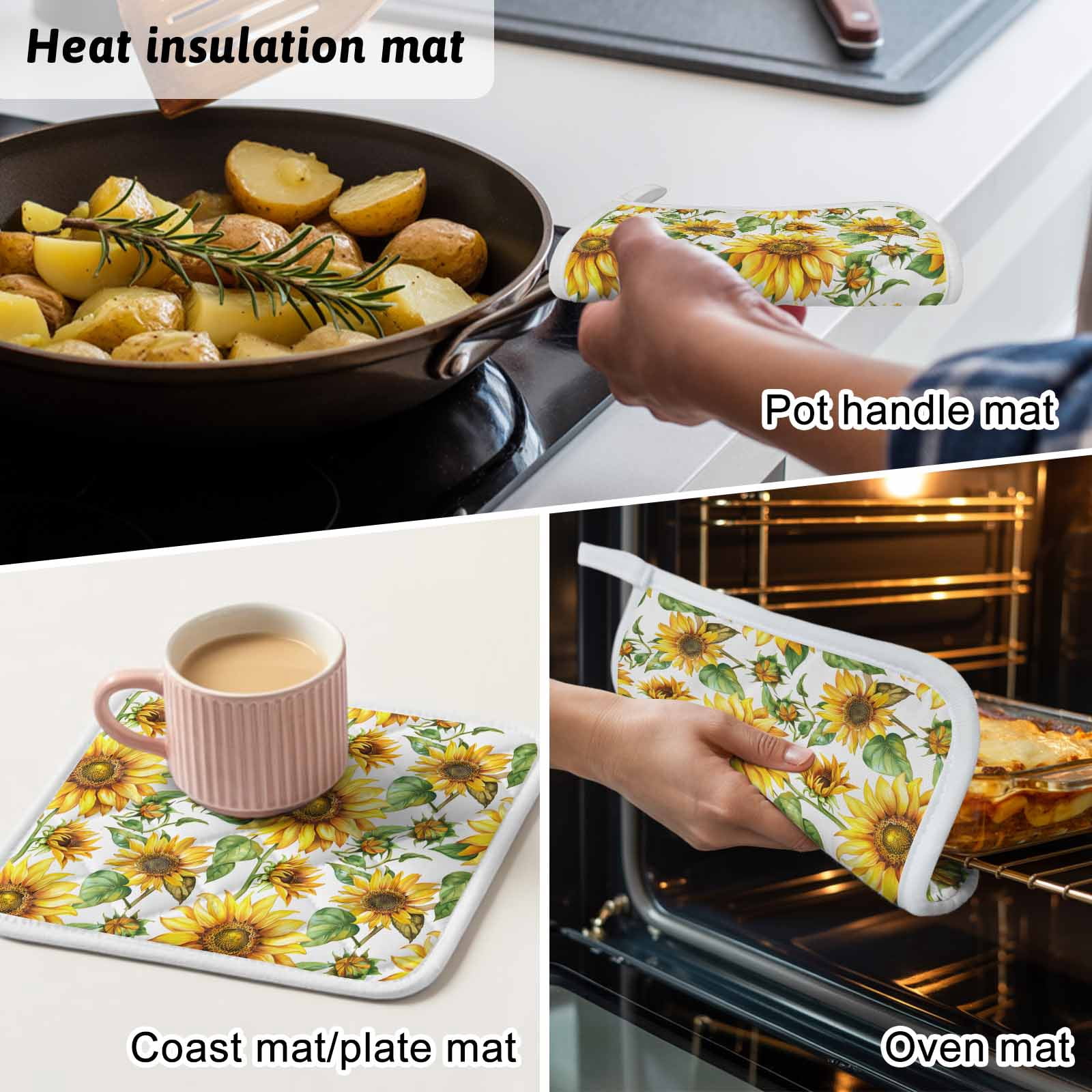 Sunflower Pot Holders for Kitchen Heatproof Potholder, 3 Pack Yellow Green Botanical Summer Rustic Hot Pads Multipurpose Oven Pads Cloth Potholders Trivet for Cooking Baking