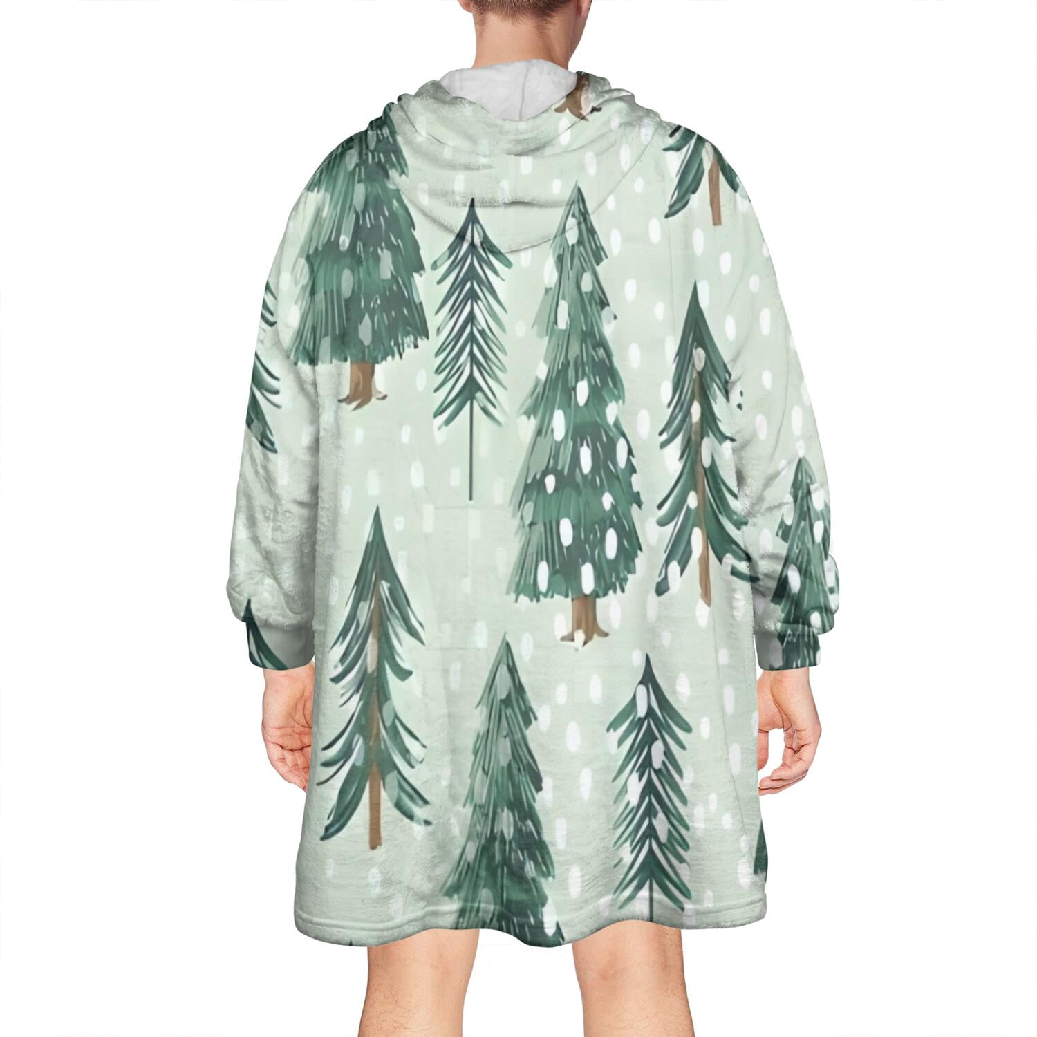 Wearable Oversized Blanket,Light Green Christmas Tree and Snow Pattern Wearable Blanket Hoodie for Adults,Cozy Hooded Blankets with Super Pockets,Super Warm Fuzzy Pullover for Women & Men