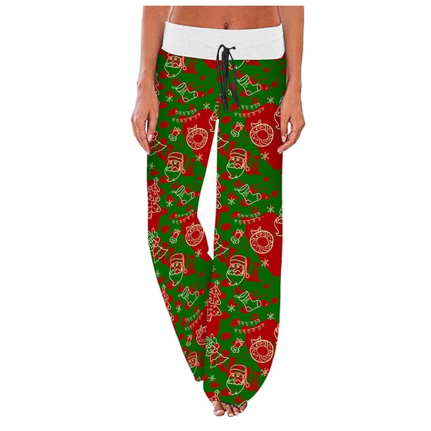 Pantalones navideños para mujer, pantalones de chándal de pierna ancha con cintura elástica de talla grande para invierno, pantalones holgados con cordón y copos de nieve de alce de Navidad Fridja hfkajh100027